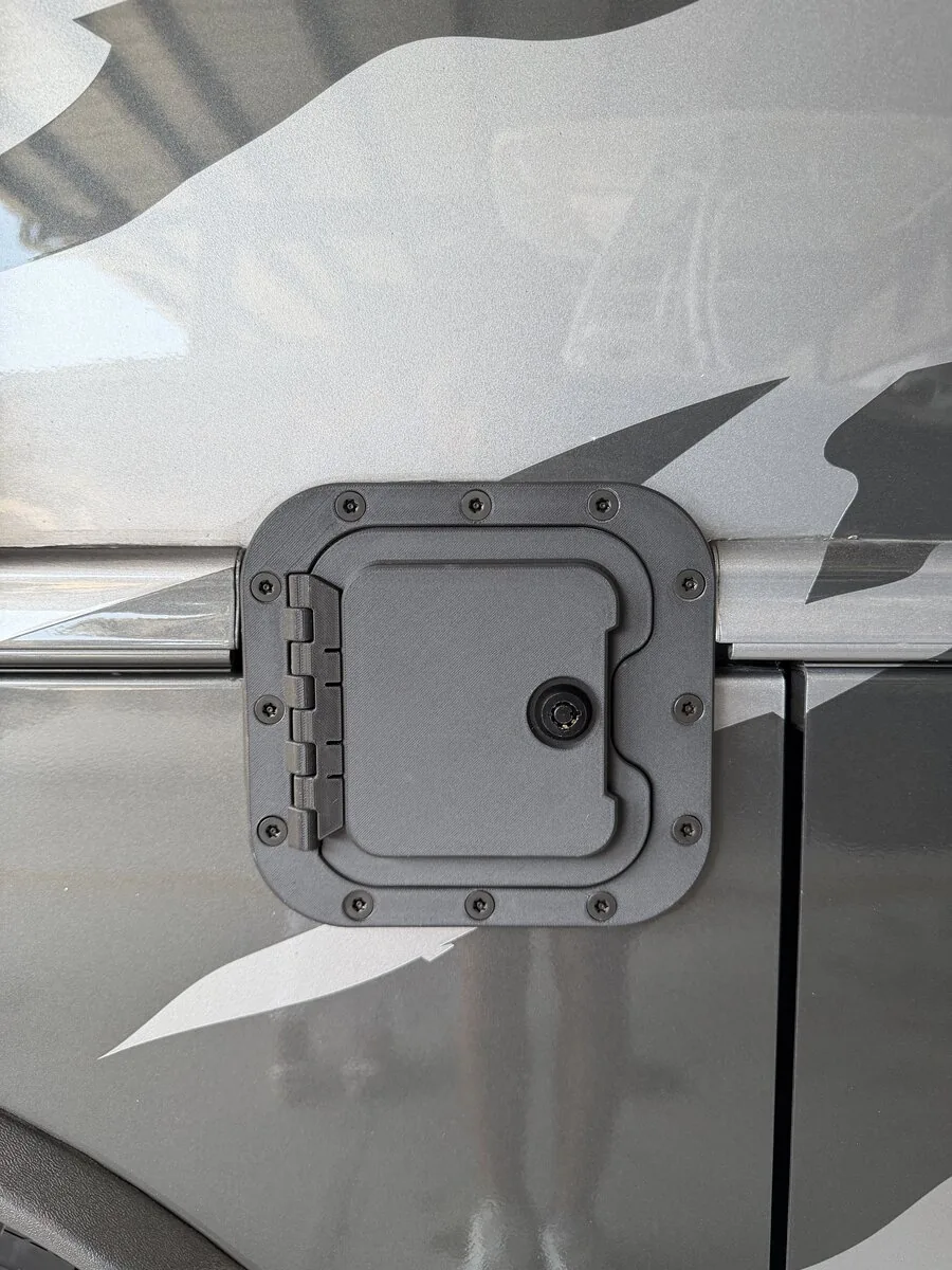 RV Fuel Vault open on a Super C, showing access to the green diesel cap