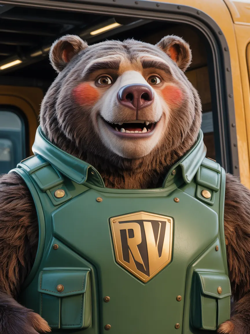 Tank — the armored bear mascot of The RV Fuel Vault