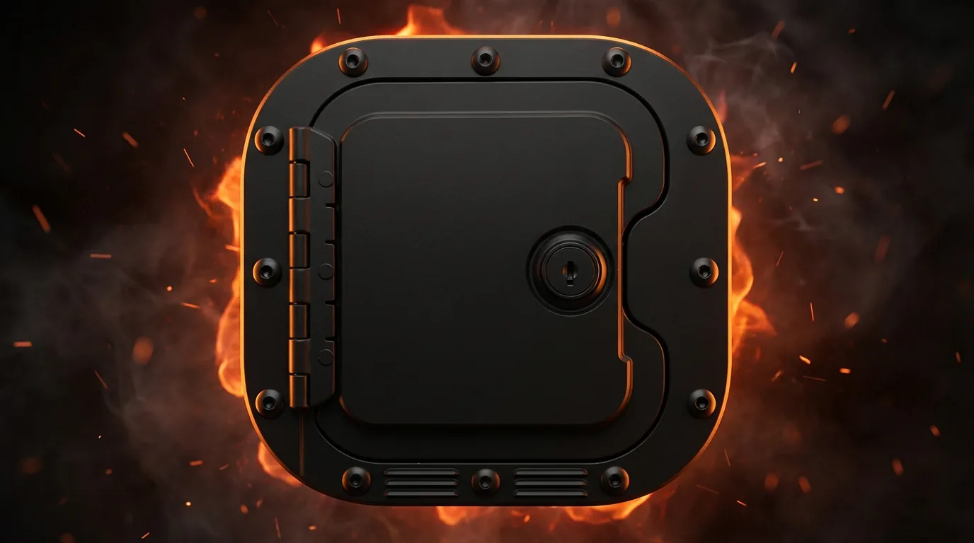 The RV Fuel Vault high-impact composite security shield in tactical black — close-up view