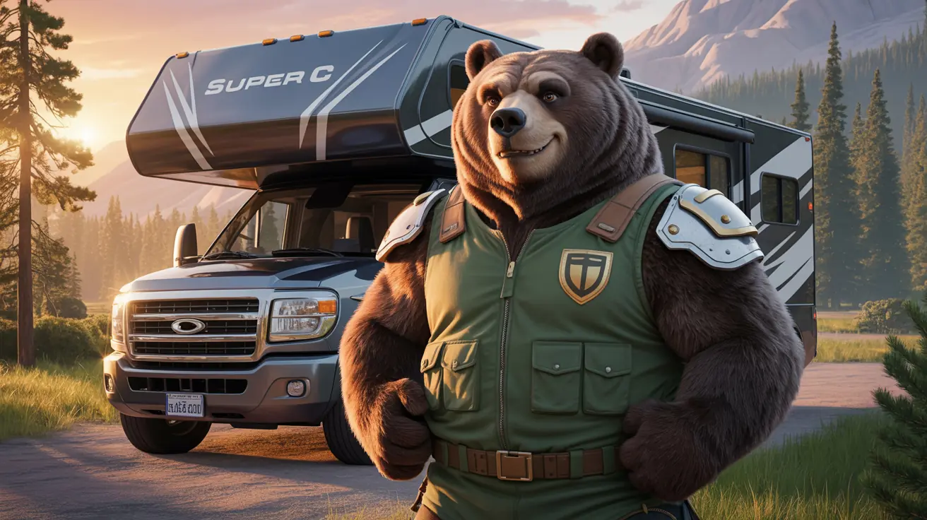 Tank the armored bear mascot standing proudly at a campground with a Super C motorhome