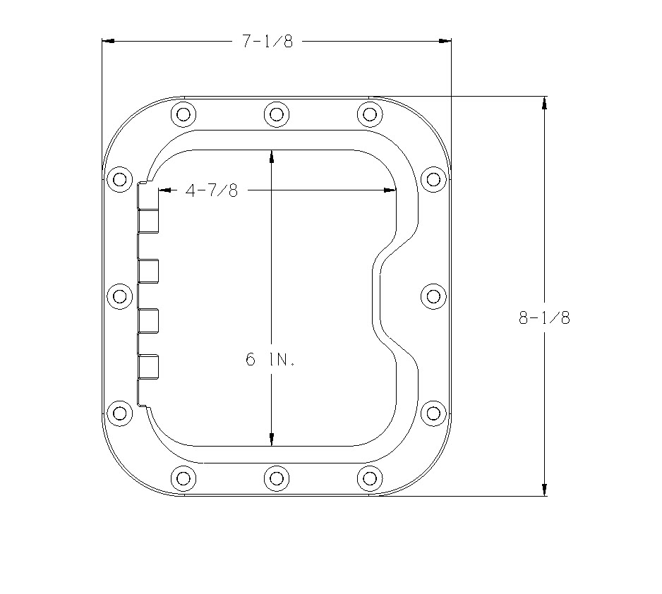 RV Fuel Vault Large Door factory drawing: overall 7-1/8″ W × 8-1/8″ H, opening 4-7/8″ W × 6″ H