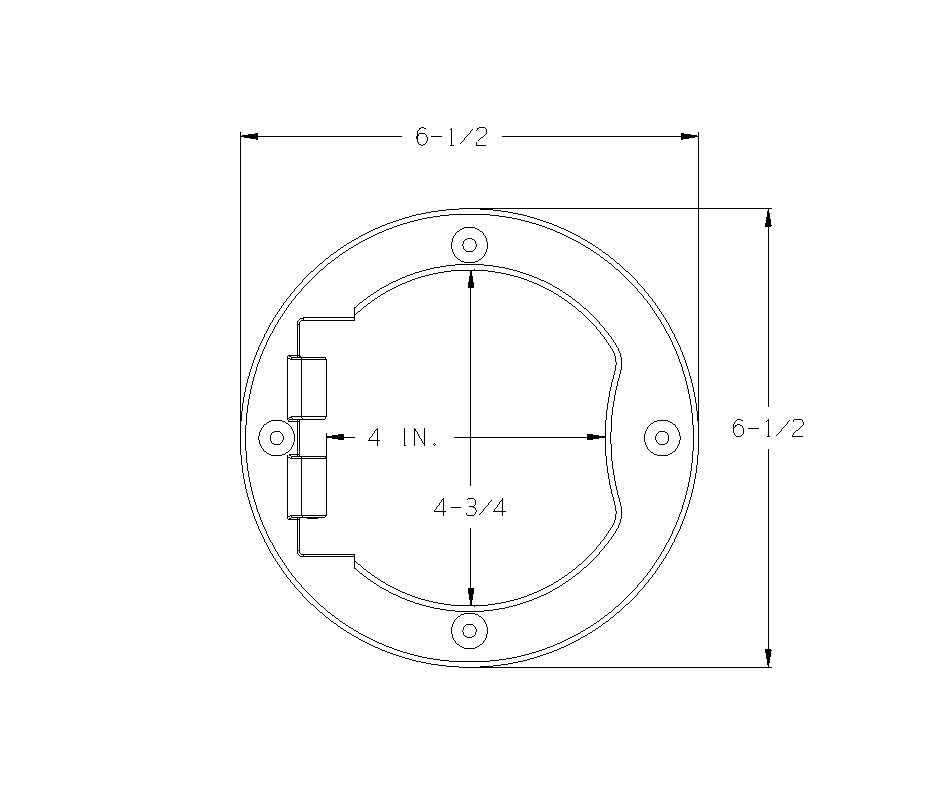 RV Fuel Vault Round Door factory drawing: overall 6-1/2″ W × 6-1/2″ H, opening 4″ W (hinge to latch) × 4-3/4″ H