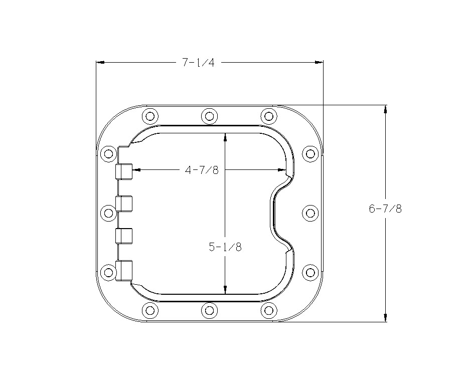 RV Fuel Vault Small Door factory drawing: overall 7-1/4″ W × 6-7/8″ H, opening 4-7/8″ W × 5-1/8″ H