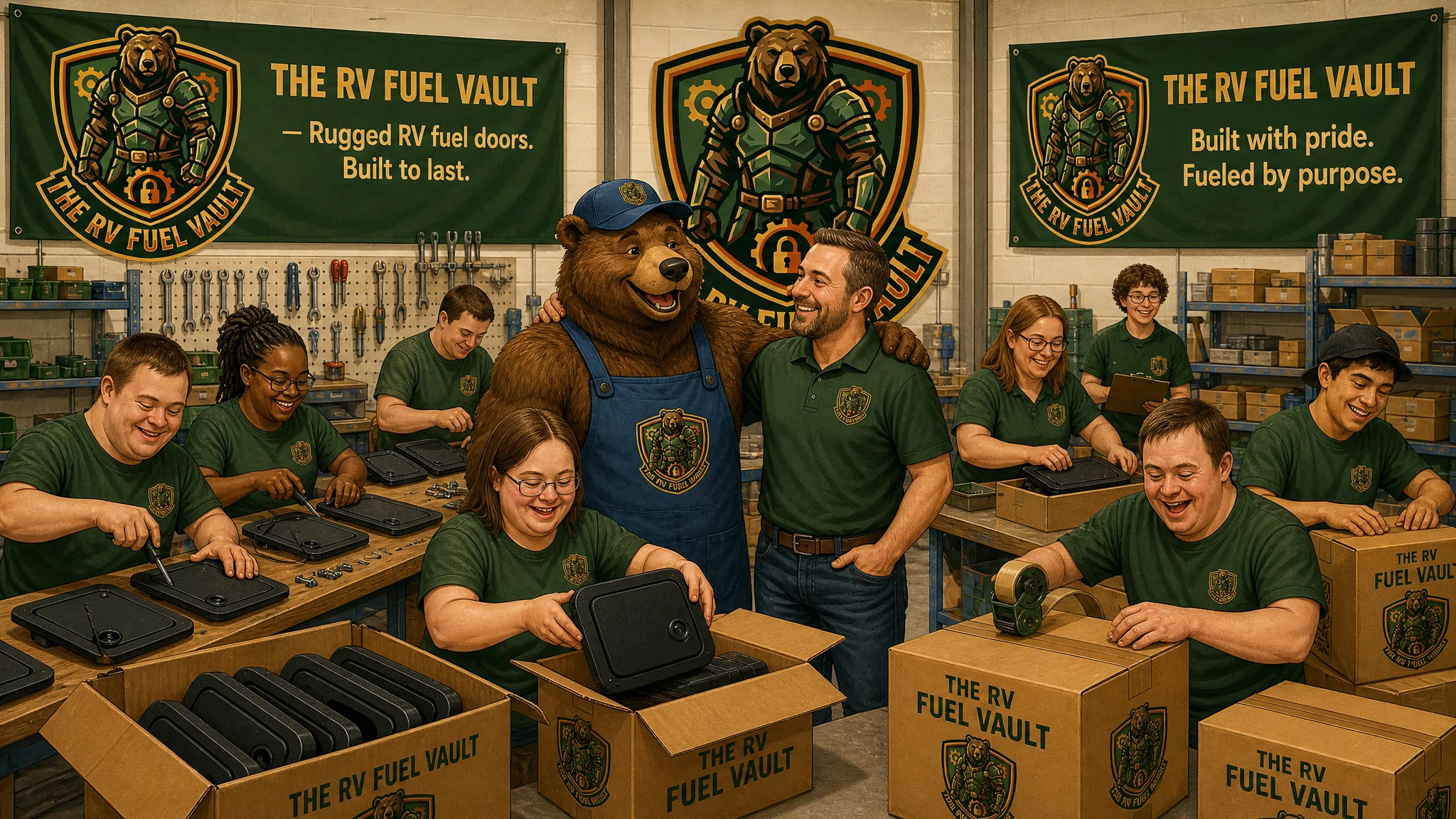 Illustrated scene of The Haven's crew of adults with intellectual and developmental disabilities and unique abilities assembling and packing RV Fuel Vault fuel doors while a supportive supervisor and Tank the bear mascot look on