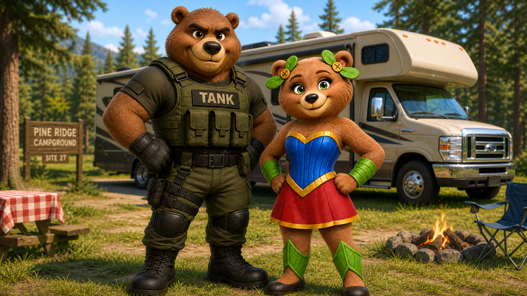 Tuffy in her Lollypop outfit standing beside Tank in tactical armor in front of an RV motorhome at a campground