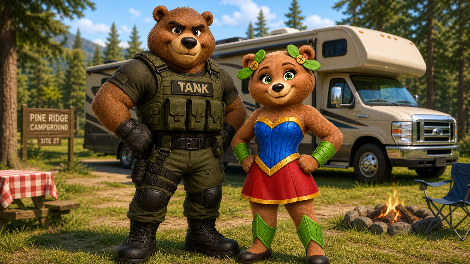 Tuffy in her Lollypop outfit standing beside Tank in tactical armor in front of an RV motorhome at a campground
