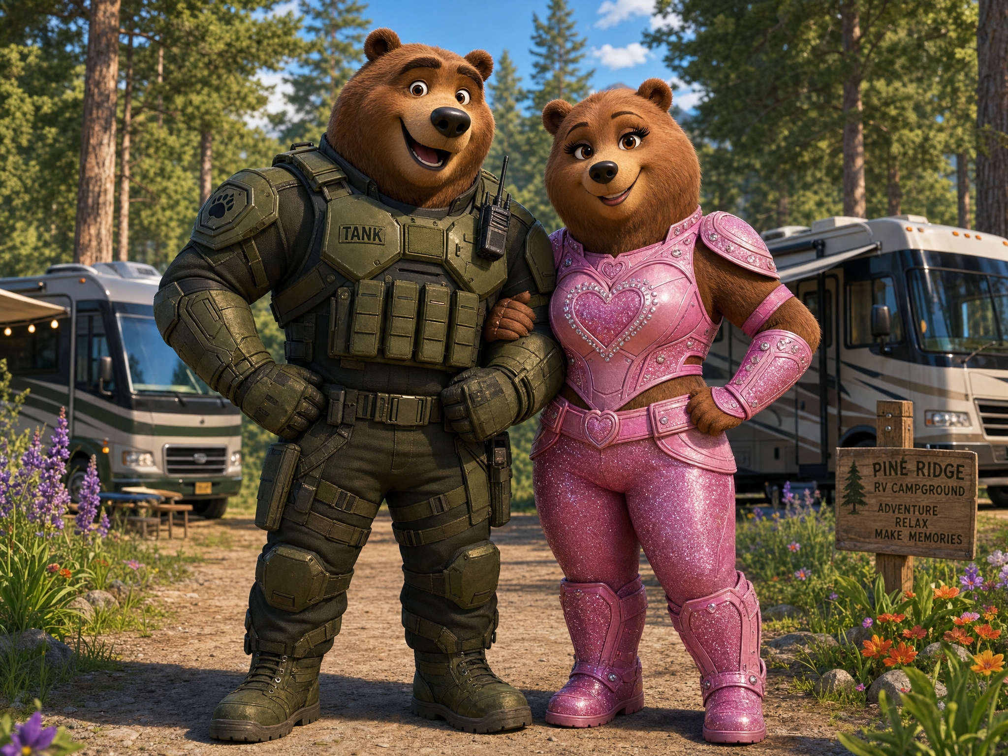 Tuffy in pink bedazzled armor standing beside Tank in tactical armor in front of an RV motorhome at a campground