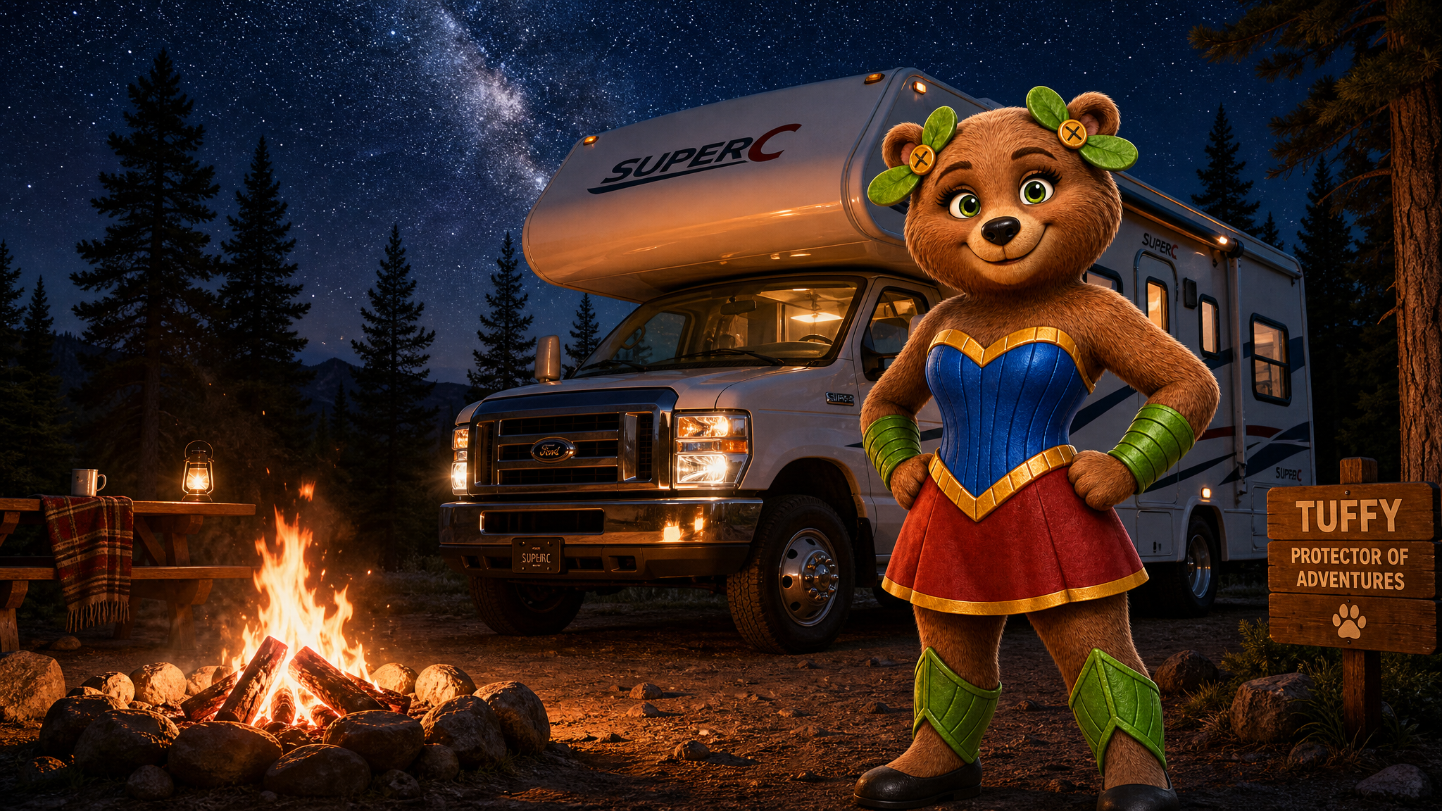 Tuffy the bear mascot in her green-eyed Lollypop outfit standing guard beside a Super C motorhome at a starry nighttime campground