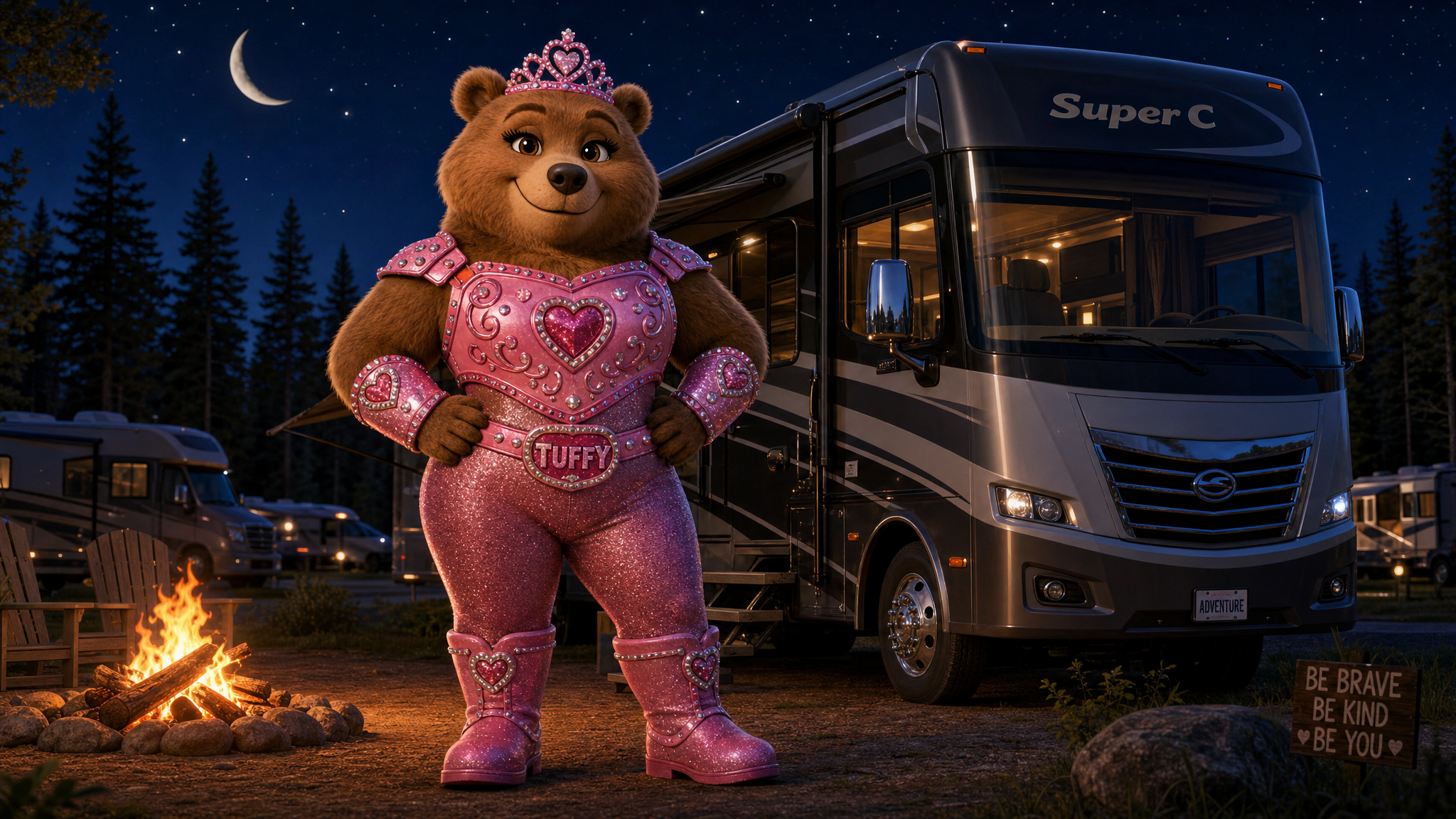 Tuffy the pink-armored bear mascot standing guard beside a Super C motorhome at a starry nighttime campground