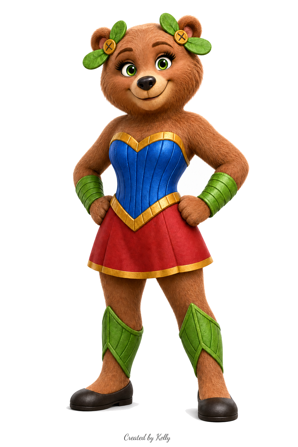 Tuffy — the green-eyed bear mascot of The RV Fuel Vault in her Lollypop outfit — Created by Kelly